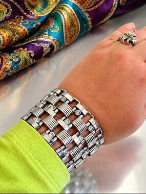 1950s Unique Tank Tracks Bracelet Silver Links w Crystals Wide Retro Modern